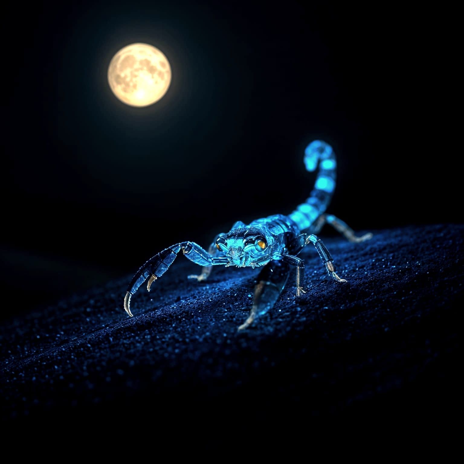 Fluorescent Blue Scorpion on Moonlit Dune