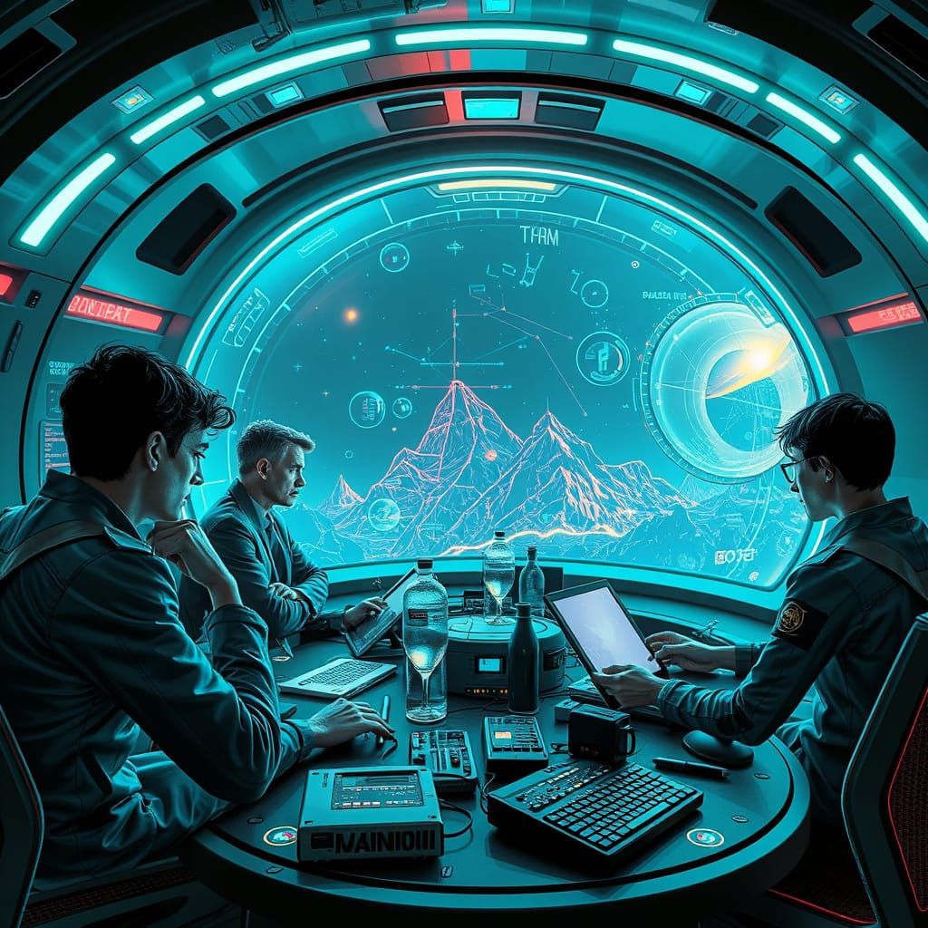 Futuristic Think Tank Brainstorming in Neon Sci-Fi Style