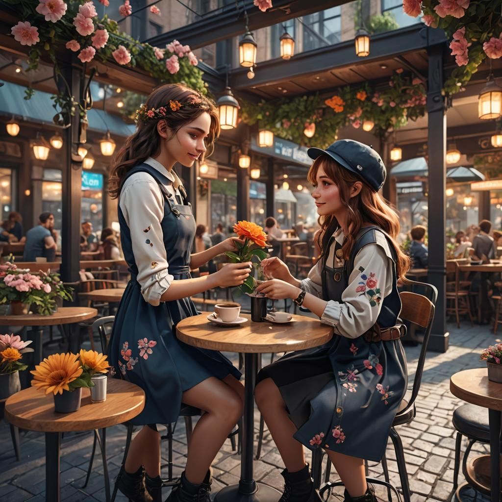 A Boy Surprises His Date with a Bouquet in a Vibrant Cafe