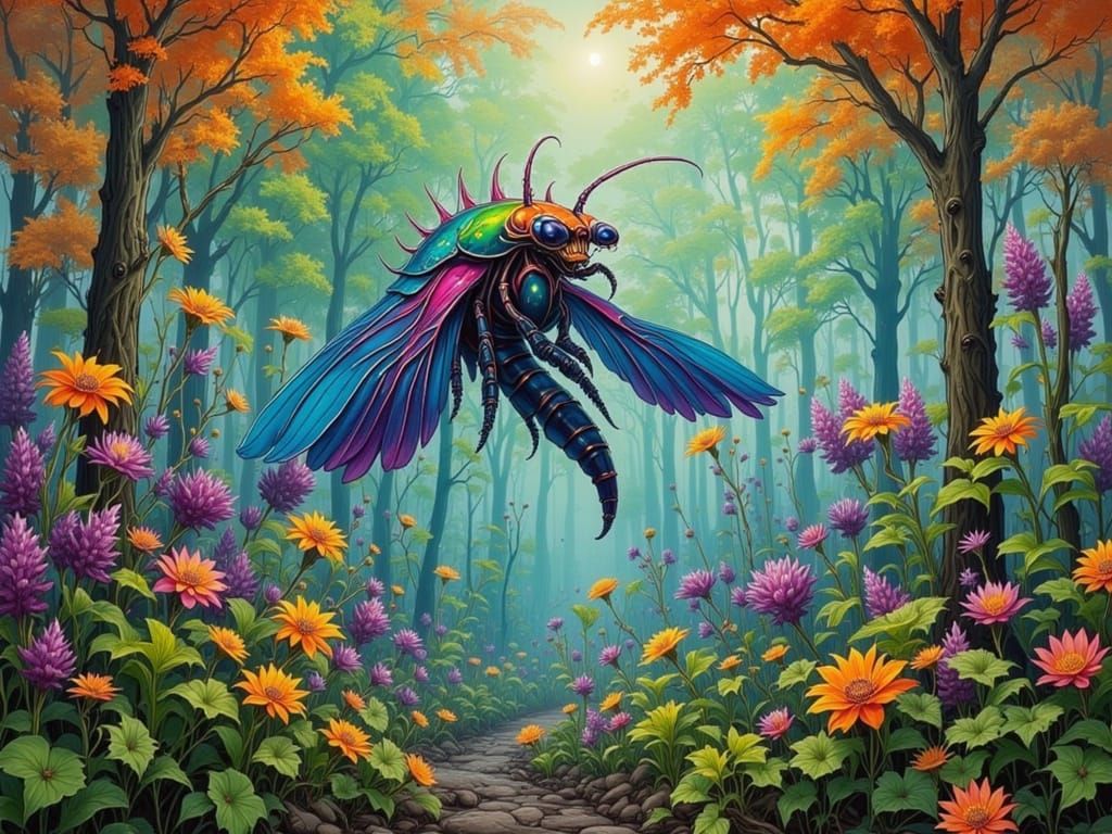 Iridescent Moth-Dragonfly Over Alien Forest