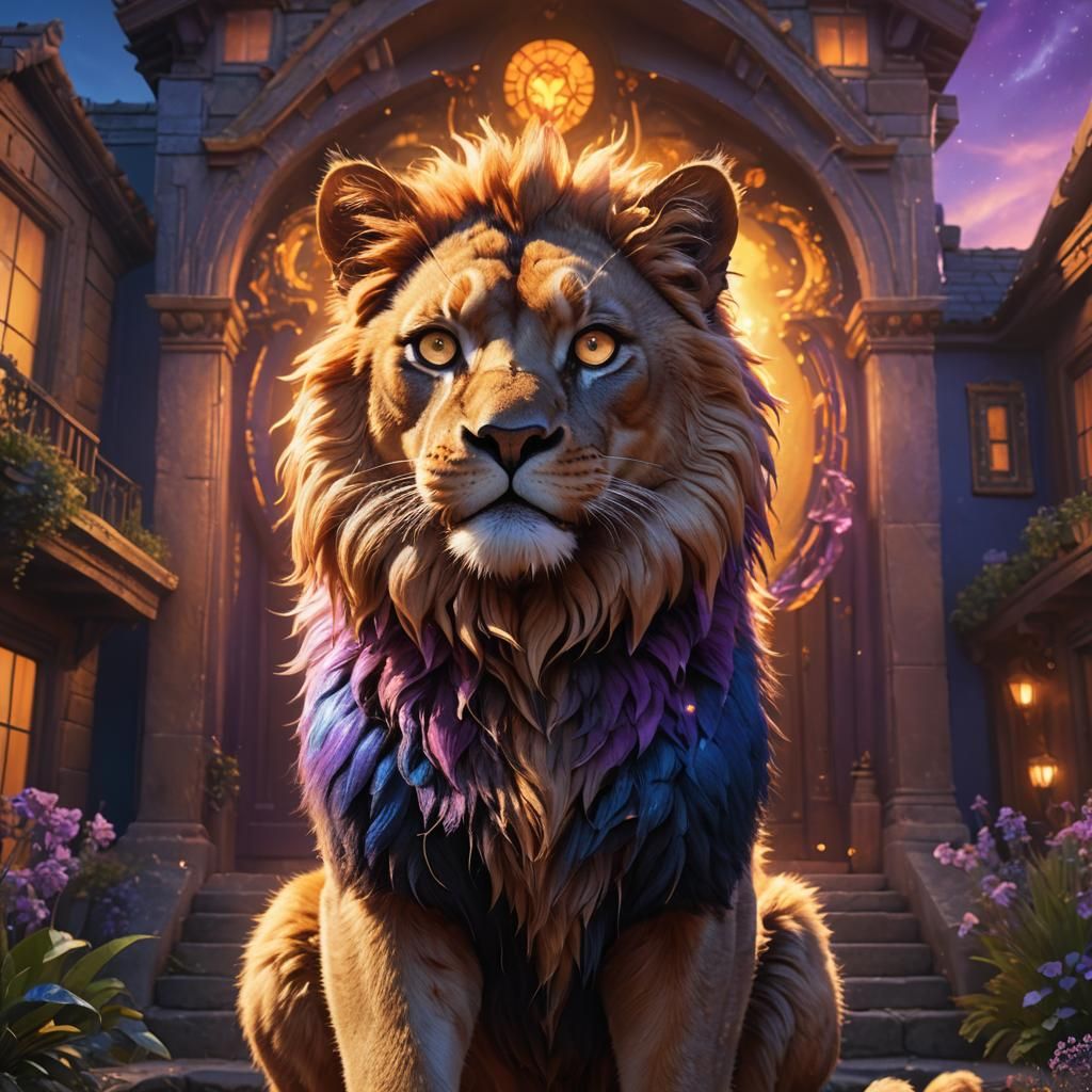 House Cat with Glowing Lion's Head: Digital Art