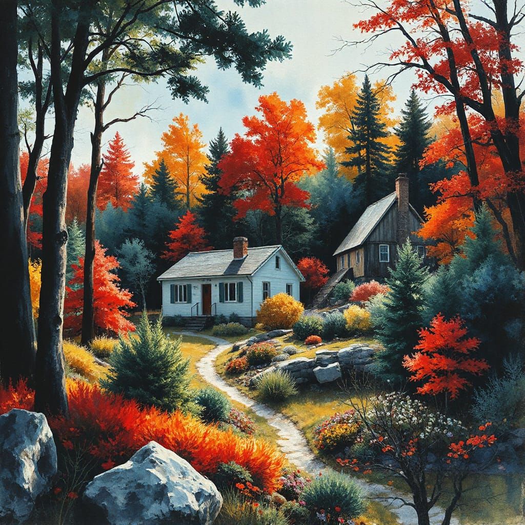 Sunlit Forest Hamlet in Abstract Expressionism