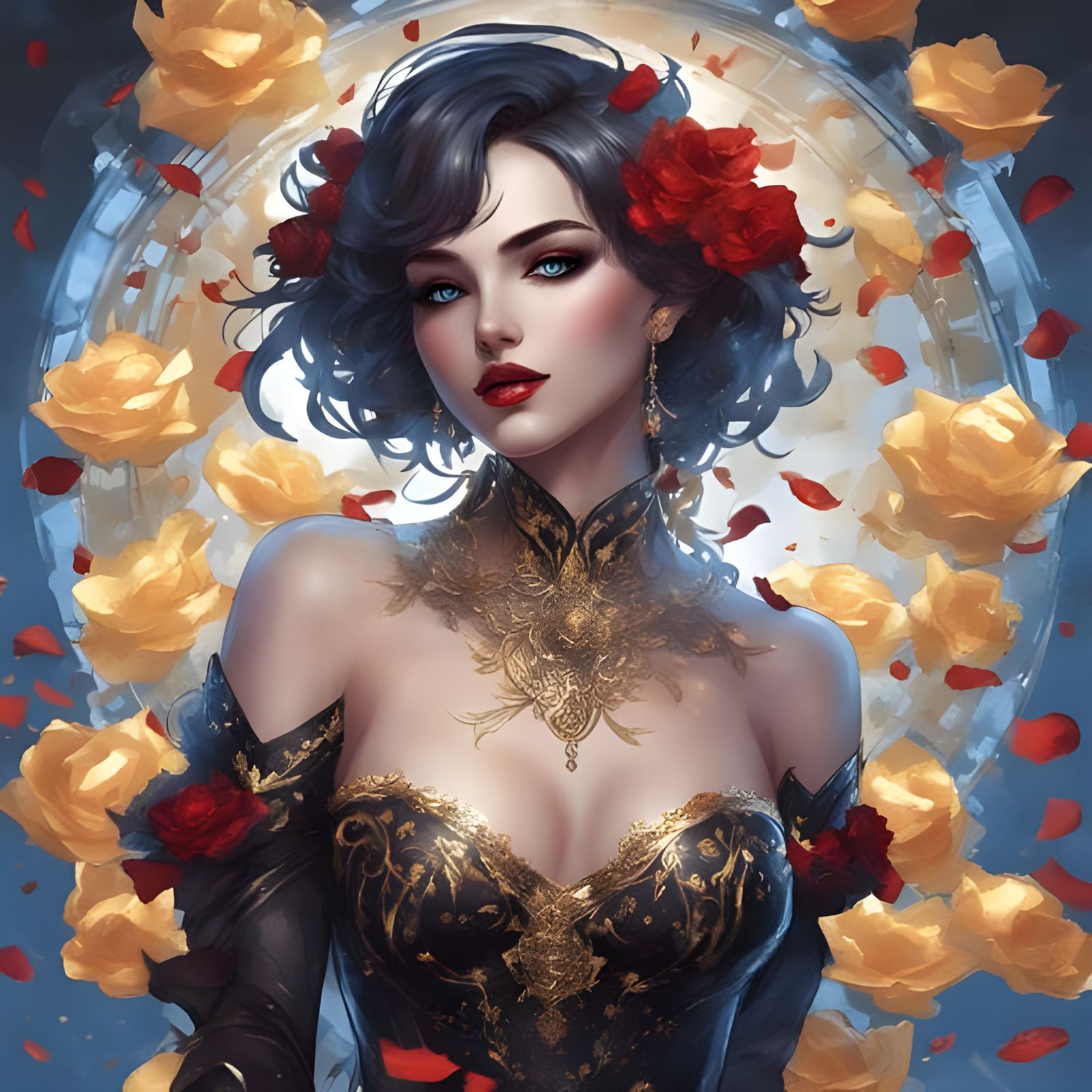 Gothic Beauty in Rose Petals, Royo Style