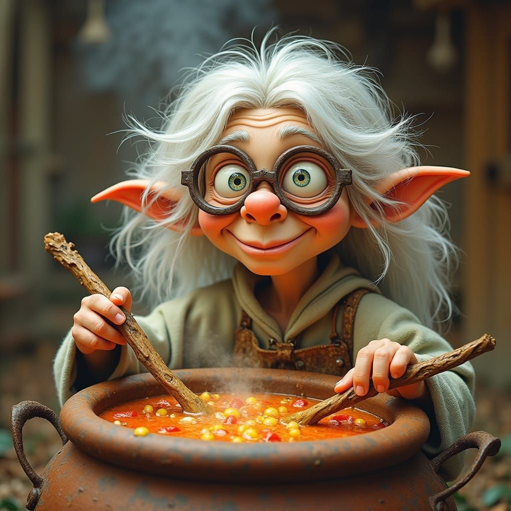 Whimsical Witch Brews Stew in Cottagecore Setting