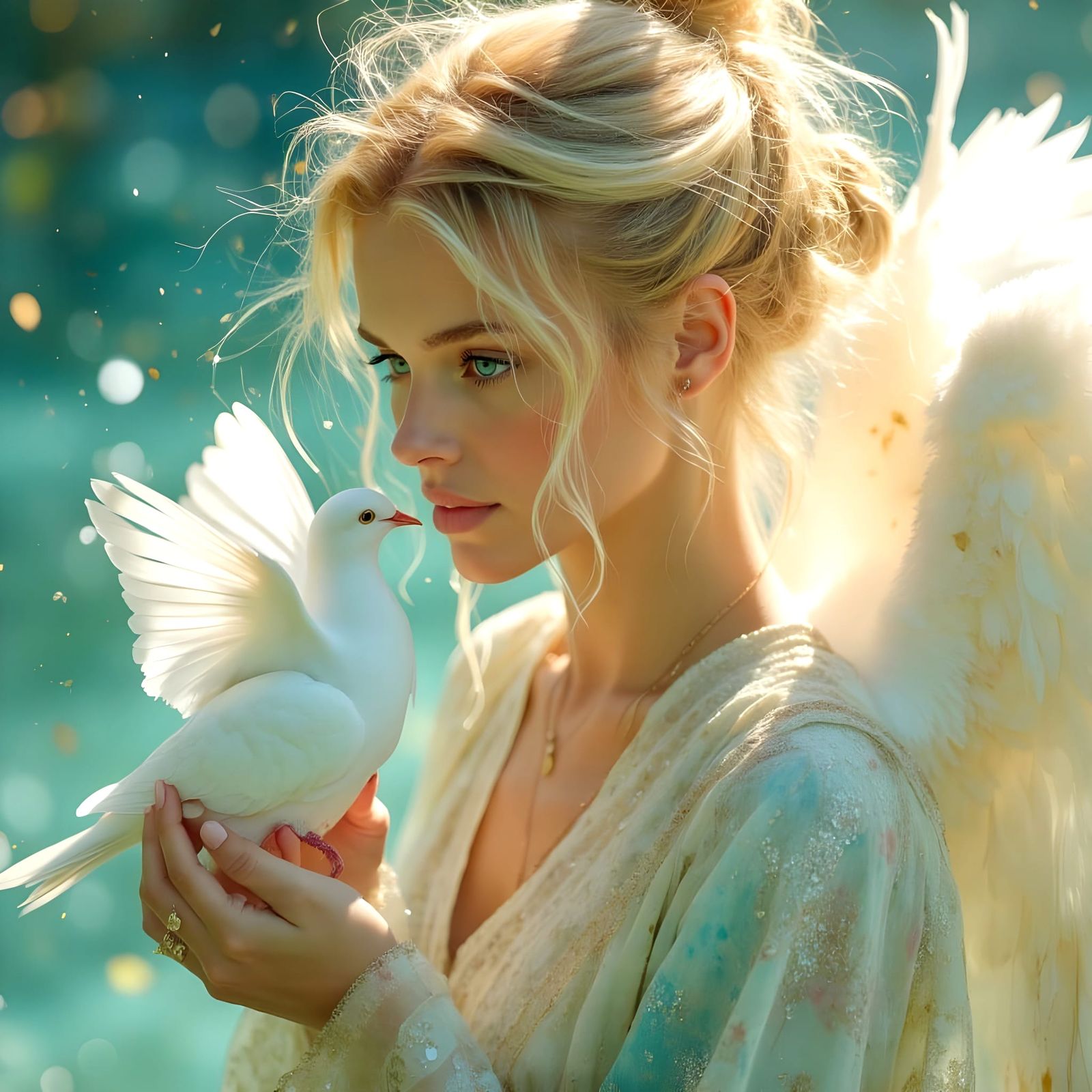 Sensual Angel with Dove in Dreamscape