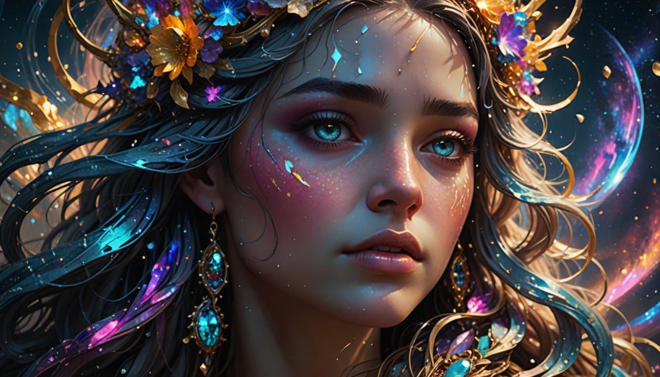 Celestial Goddess Weeping Light in Nebula, Digital Art