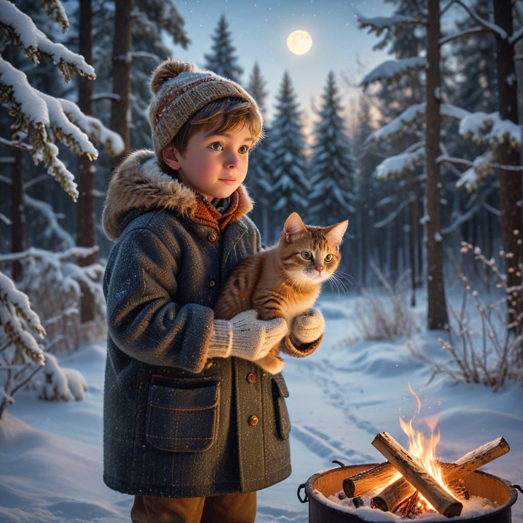 A Young Boy and His Curious Cat under a Christmas Moonlit Wi...