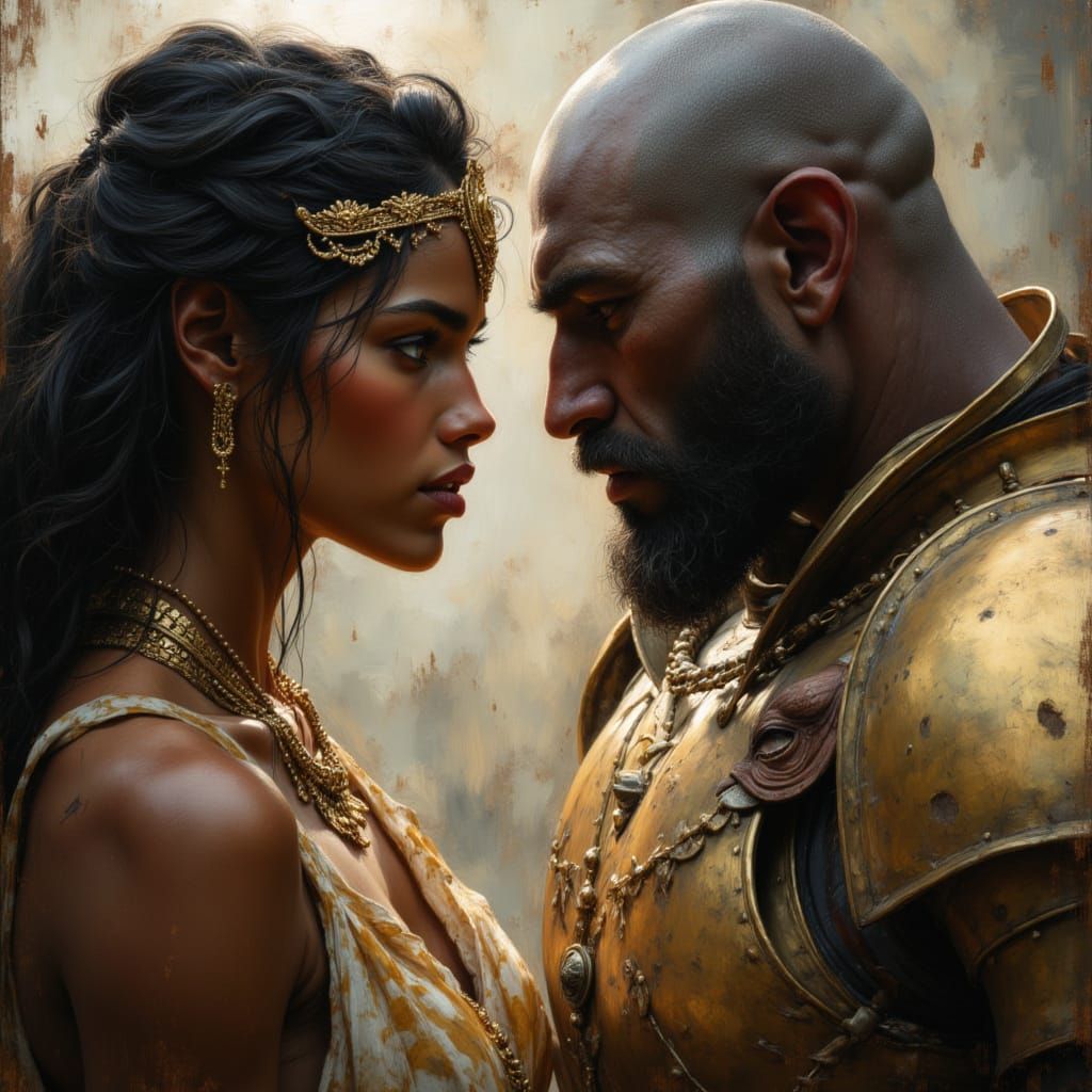 Warrior Goddess Confronts Ogre in Oil Painting Style