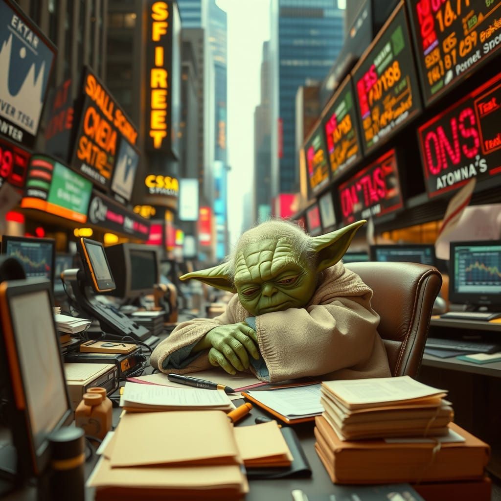 Frazzled Yoda Amidst Wall Street Chaos