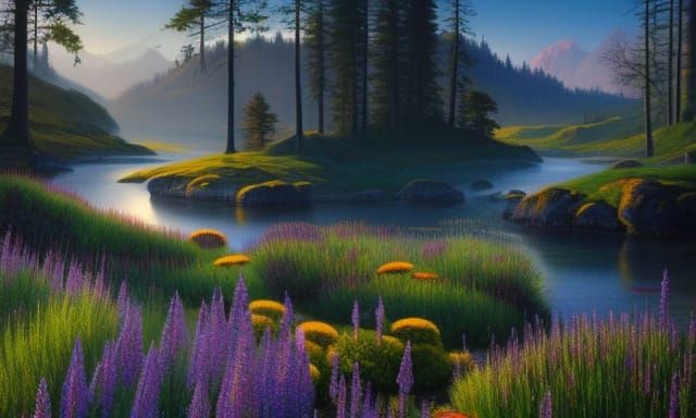 Hyperrealistic Landscape Painting with Golden Sunlight