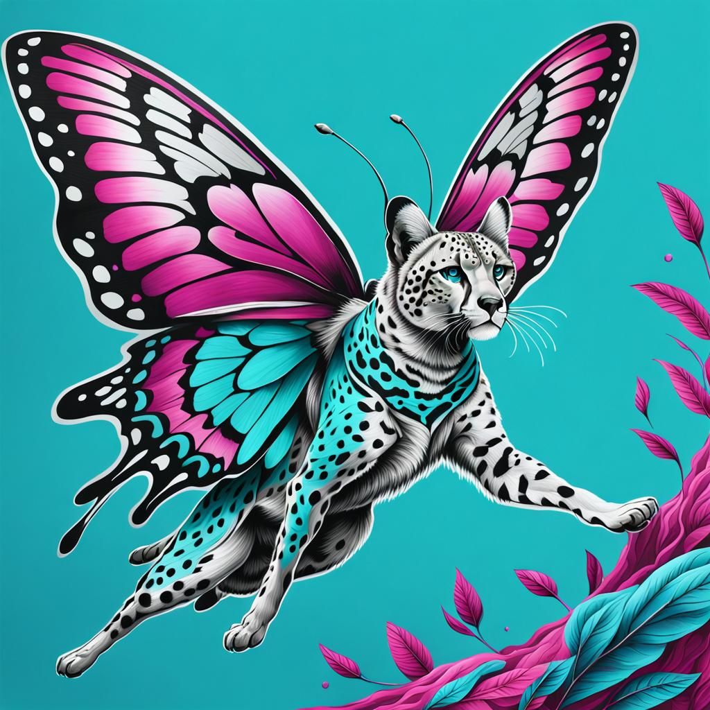 Cheetah Flies with Butterfly Wings in Neon