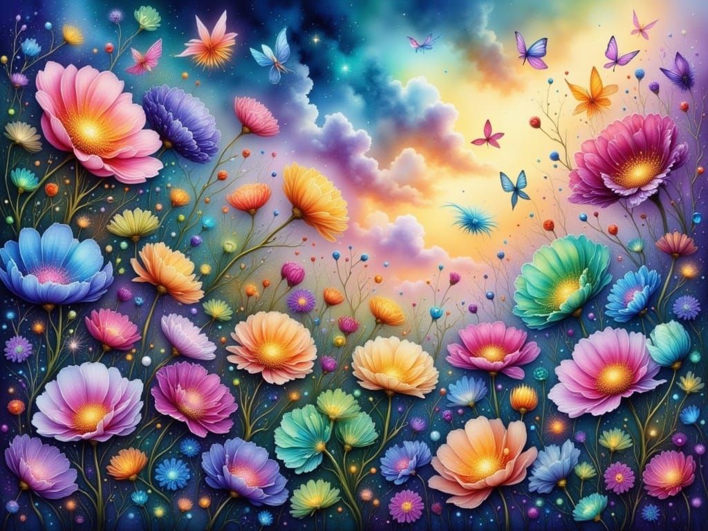 Ethereal Garden of Delicate, Swirling Flowers in Romanticism...