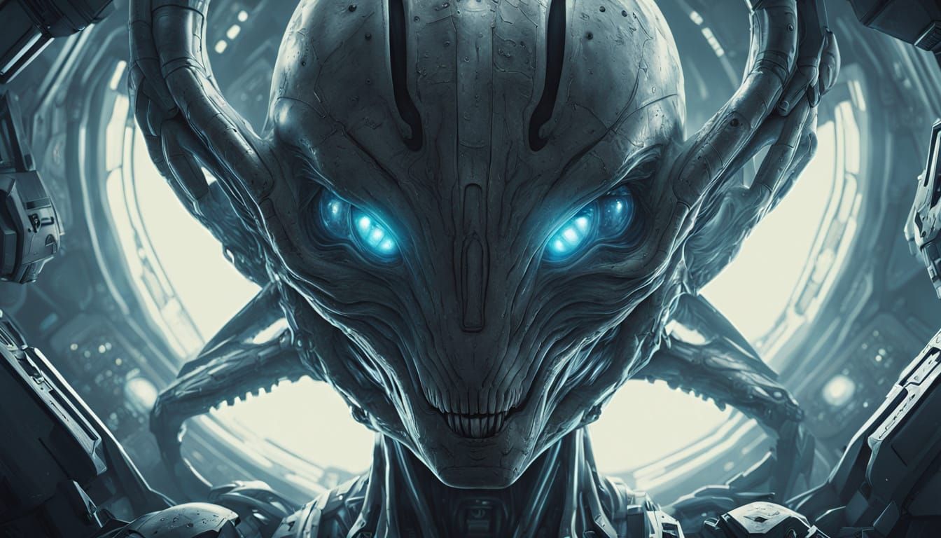 Grey Alien Portrait in Eerie Spaceship