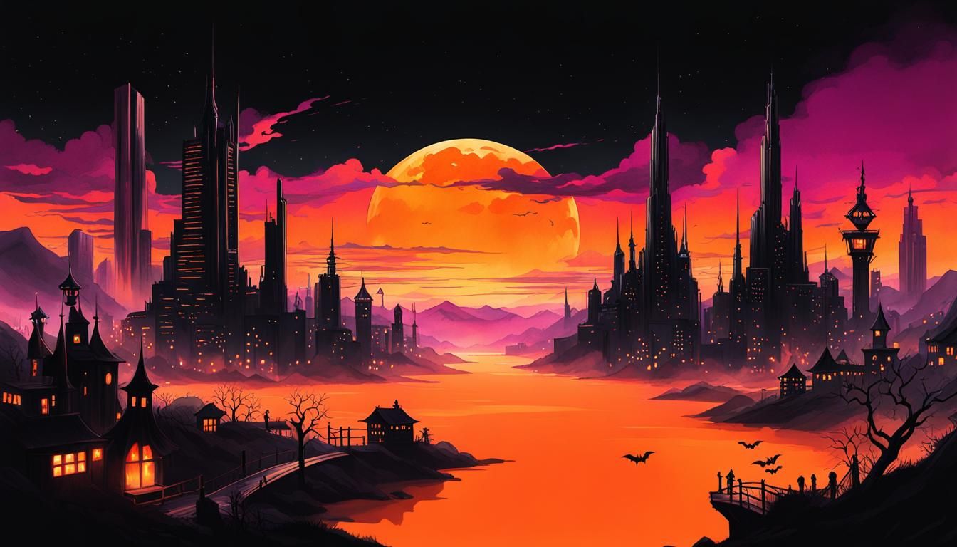 Spooky Halloween Town in Synthwave Style