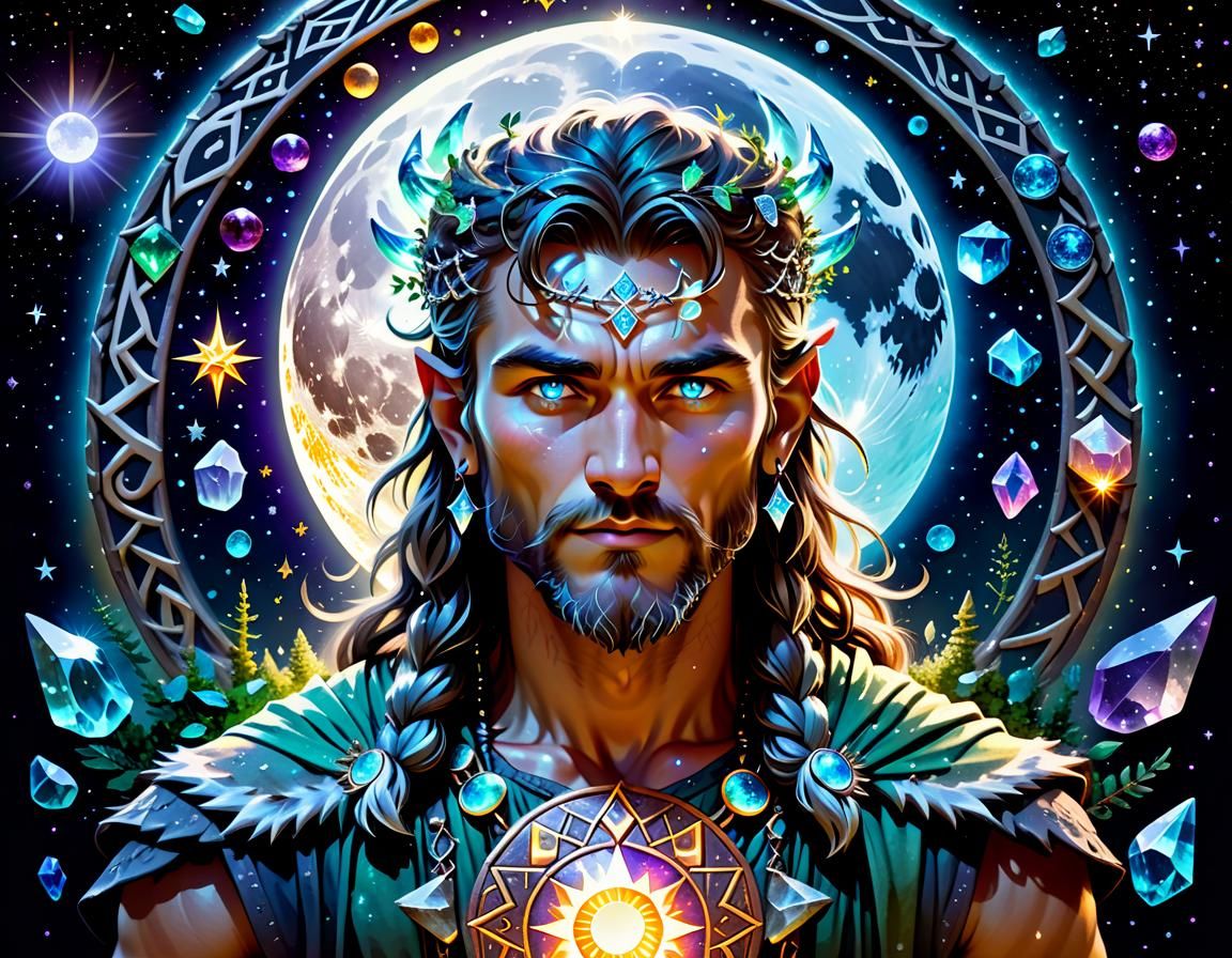 Iridescent Druid Surrounded by Celestial Bodies and Runes