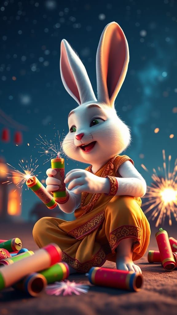 Animated Rabbit Man Celebrates with Fireworks