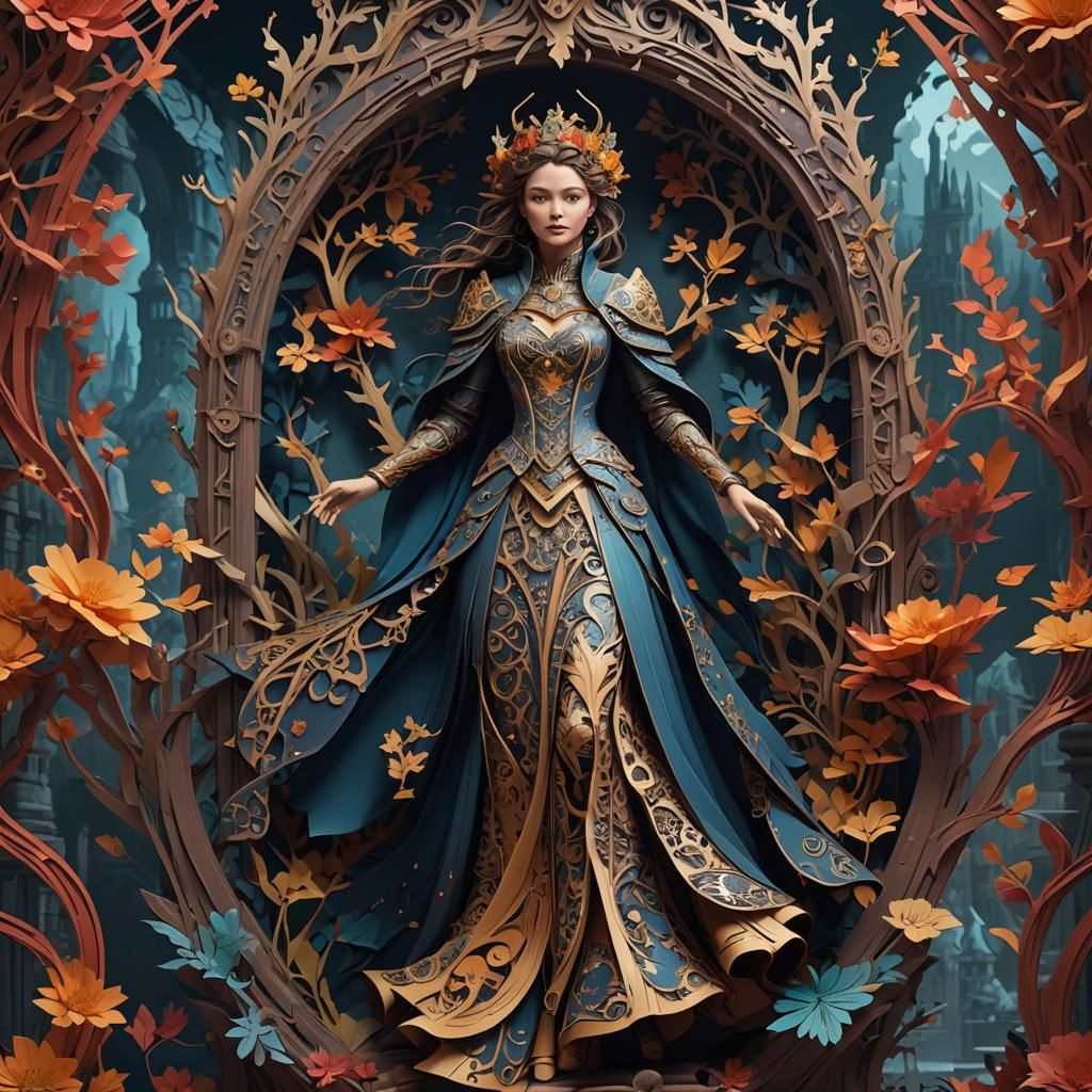 Fantastical Papercut Lady in Detailed Matte Painting