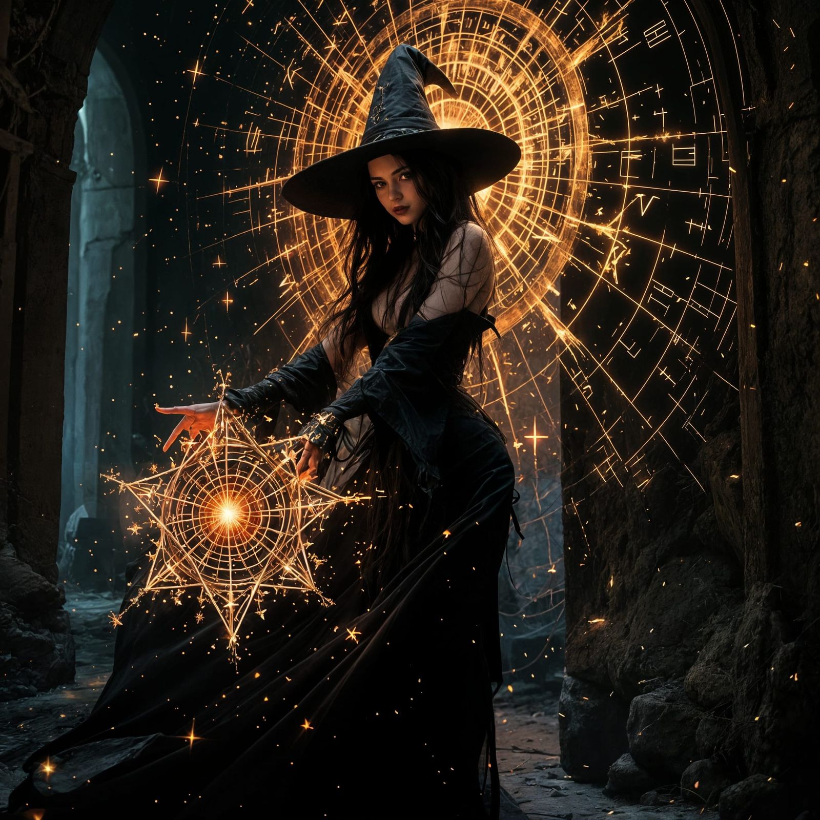 Witch Performing Dark Ritual with Occultic Artifacts