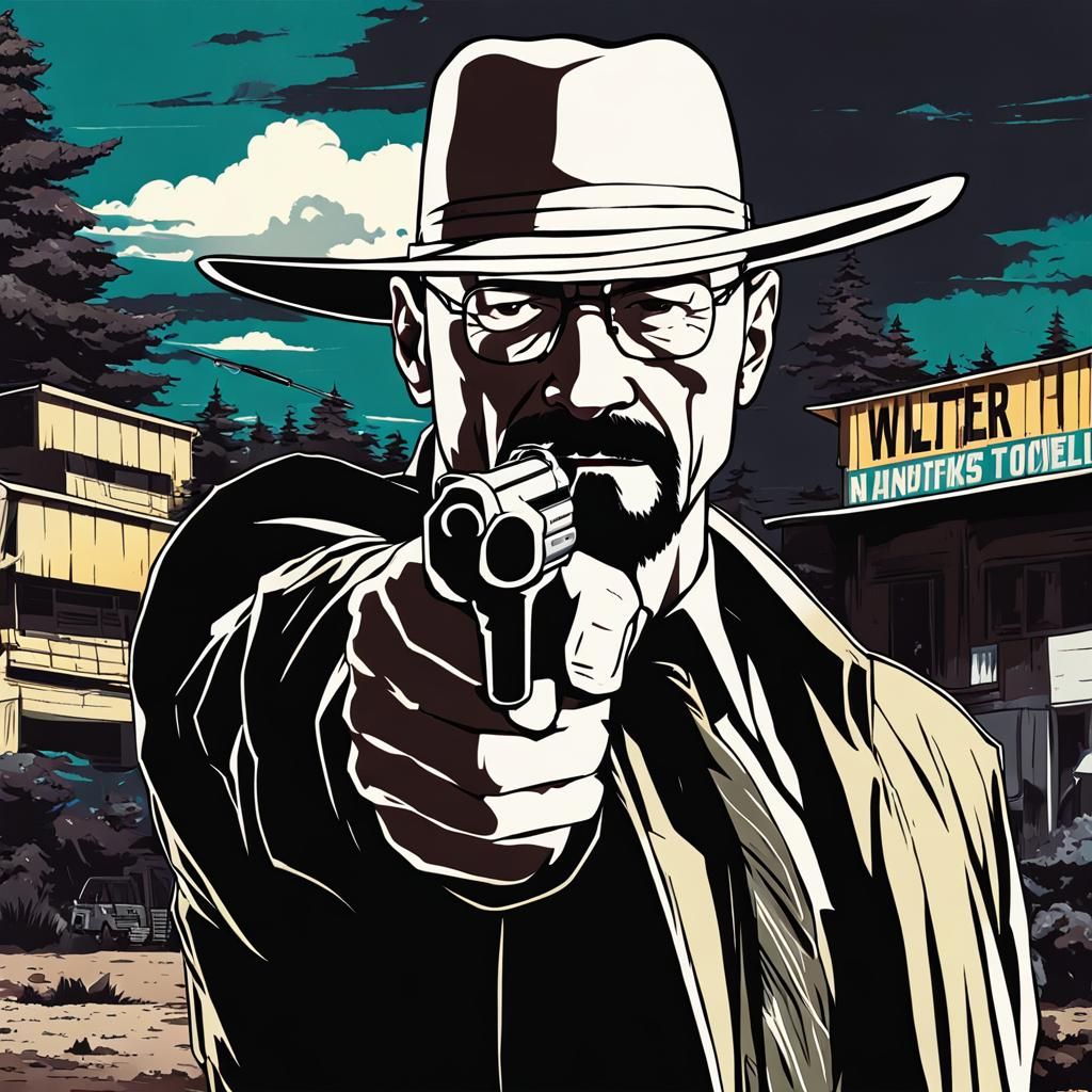 Walter White Points Gun in Anime Style