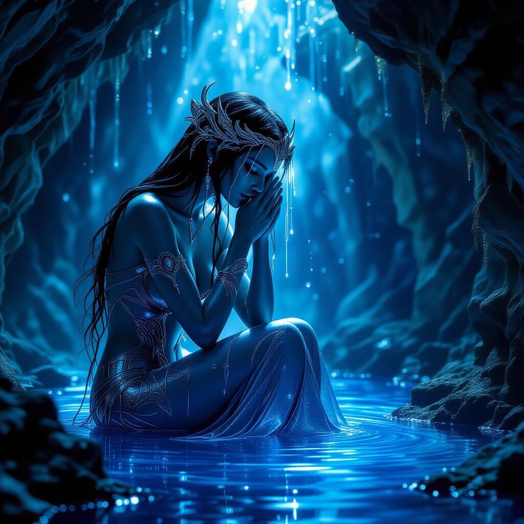 Biomechanical Goddess Weeping Starlight in Grotto