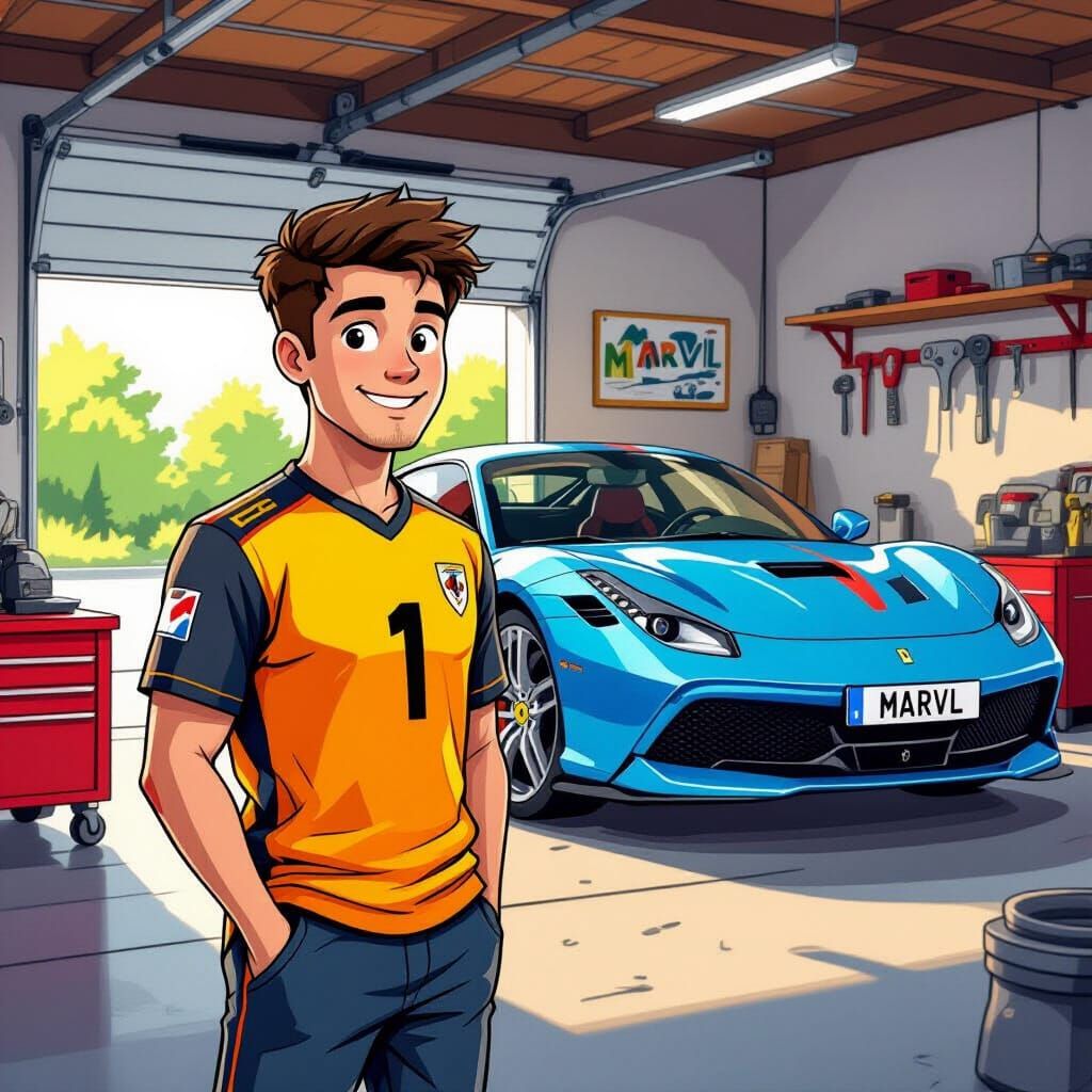 Cartoon Man With Ferrari In Garage