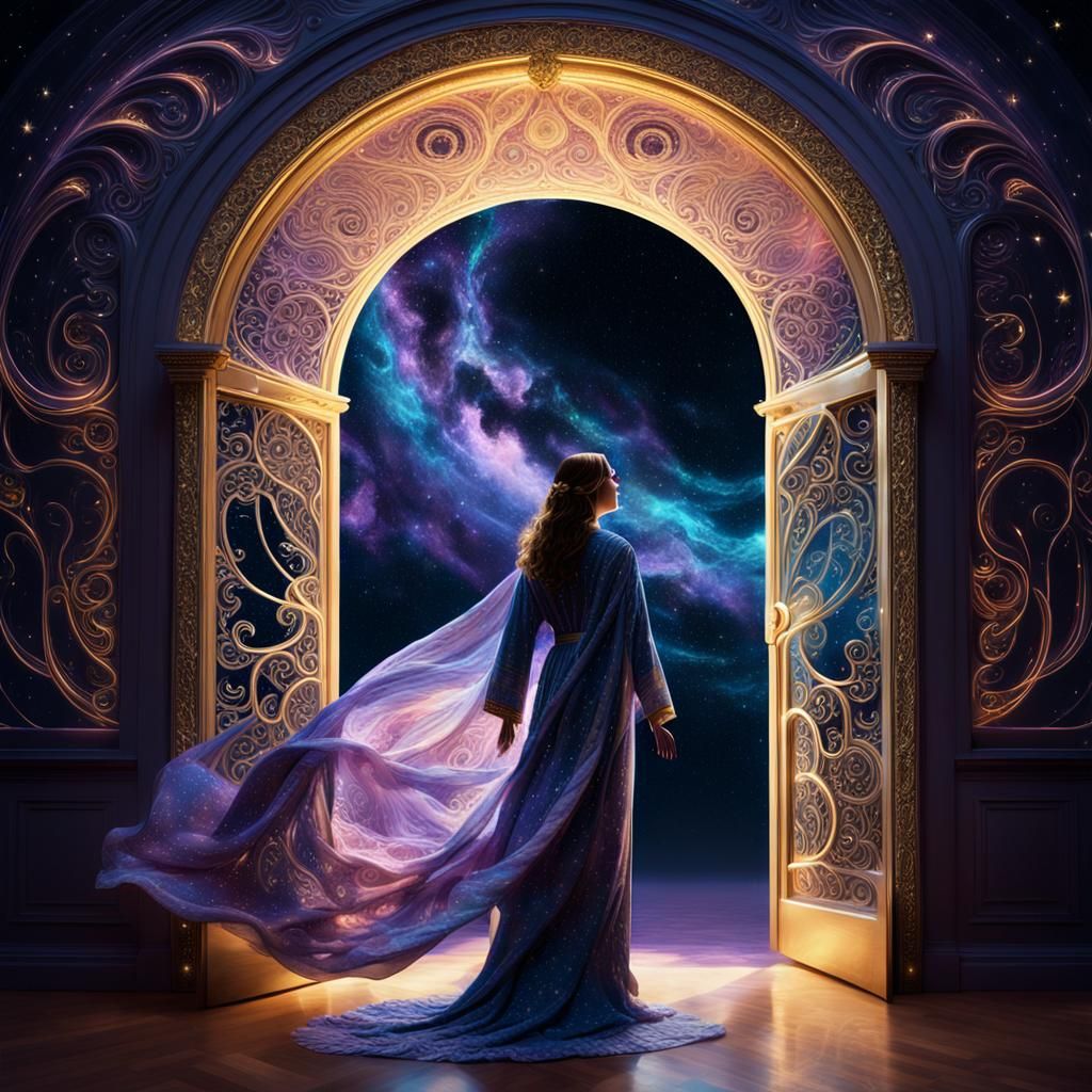 Surreal Dreamscape with Glowing Doorway in Ethereal Style