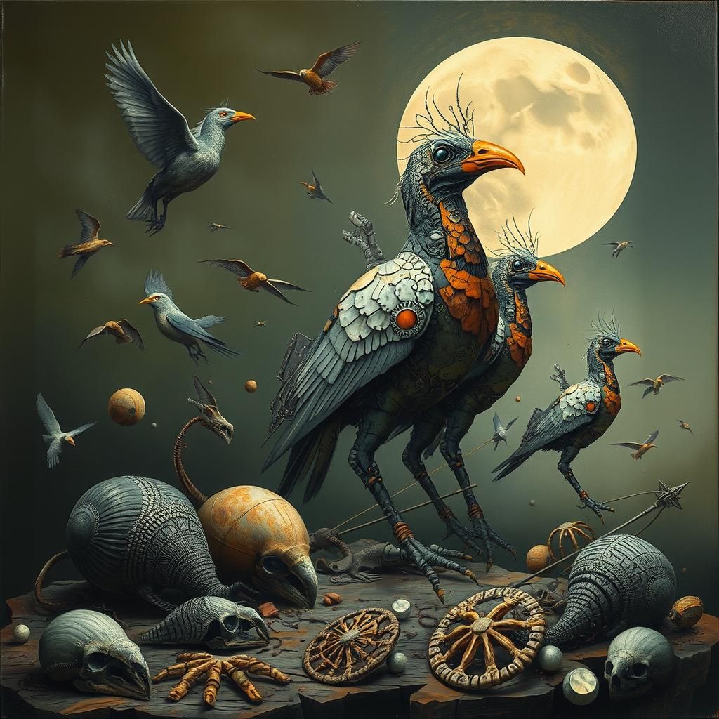 Dystopian Art Deco Mechanical Birds and Fossils