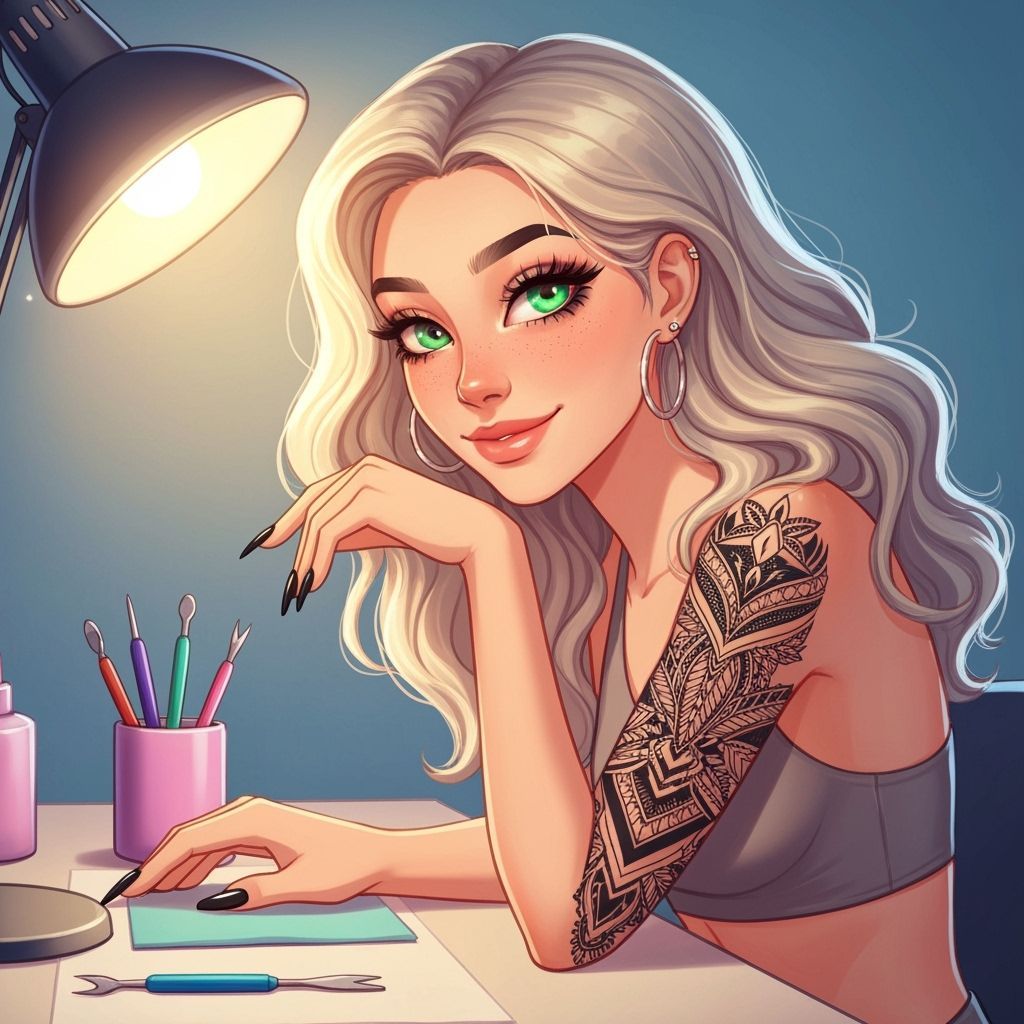 Ash Blonde Woman in Cartoon Style with Tattoo