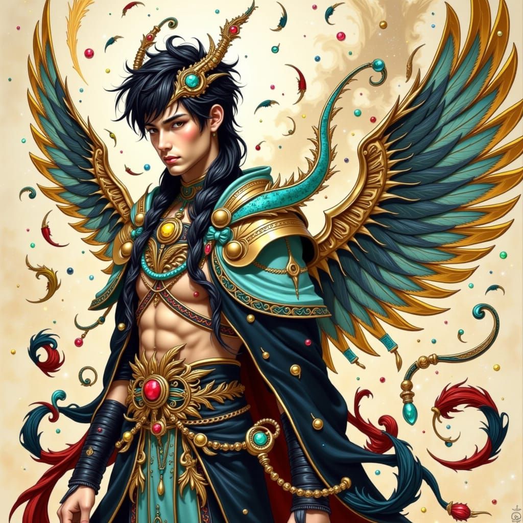 Male Angel with Ink Patterns in Art Nouveau Style