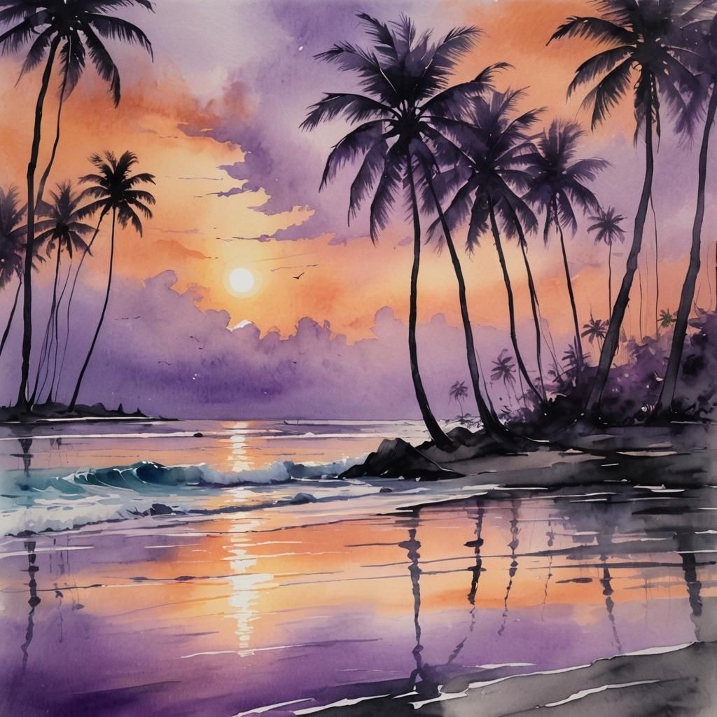 Tropical Beach Sunset in Watercolor and Charcoal