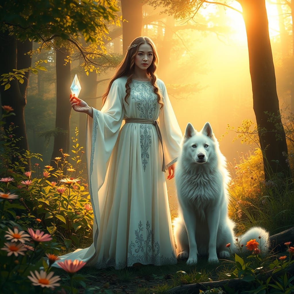 Mystical Sorceress in Sunlit Glade with Dog