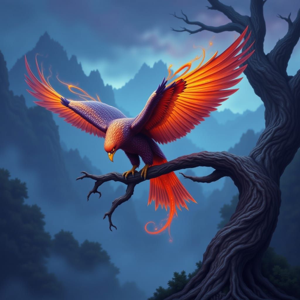 Majestic Phoenix Perched on Ancient Tree