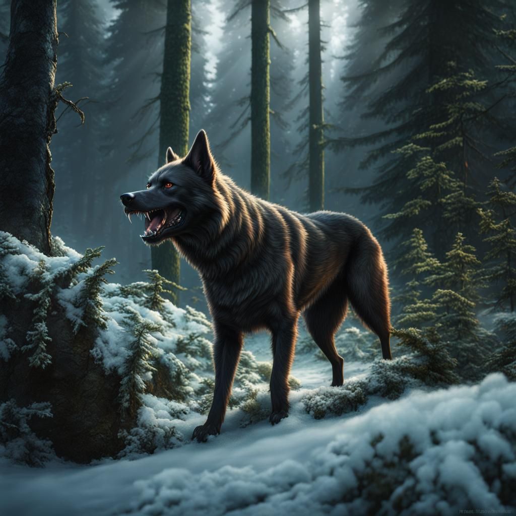 Feral Humanoid Dog Growling in Sinister Forest