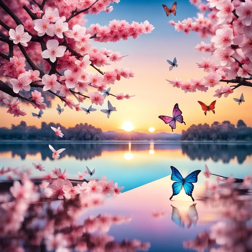 Cherry Blossom Tree with Butterflies: Origami Style