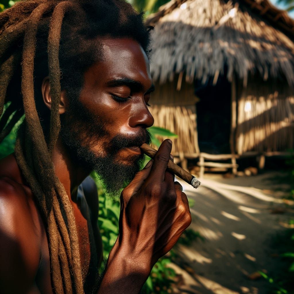 Rastafarian Man Enjoying Cigar in Caribbean Setting