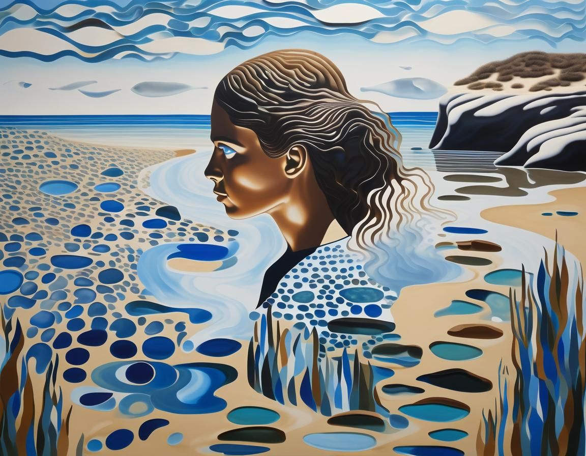Surreal Beach Scene with Woman in Dreamlike Style