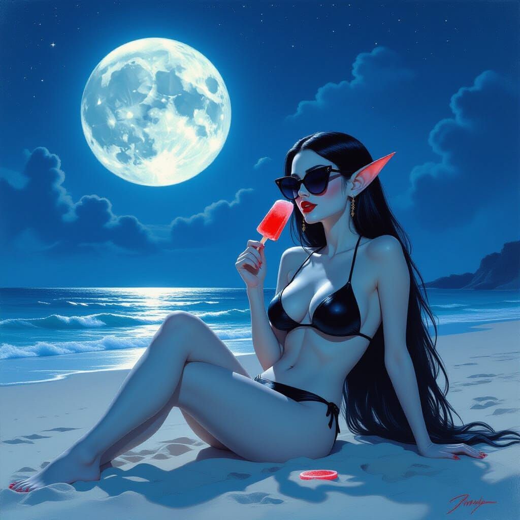Vampire Relaxing on Moonlit Beach with Popsicle