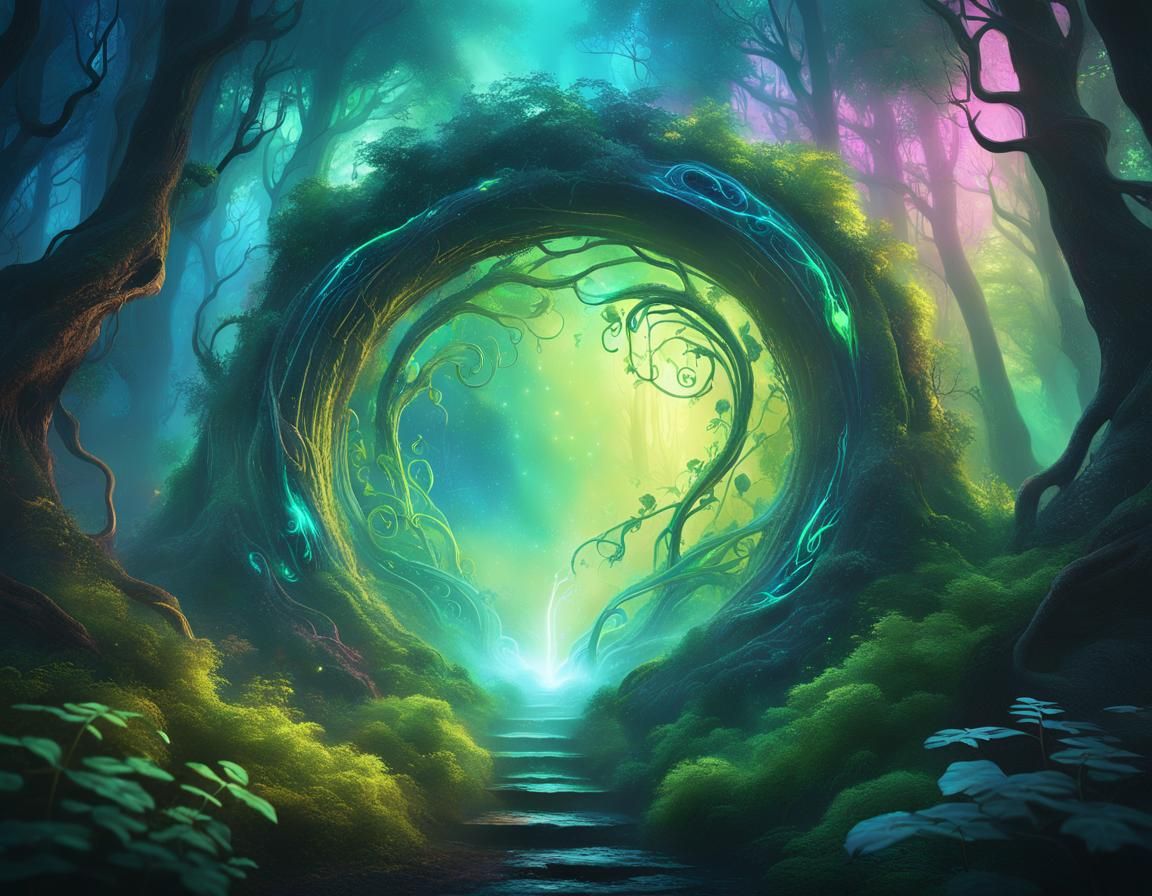 Ethereal Portal in a Mystical Forest: Surreal Oil Painting