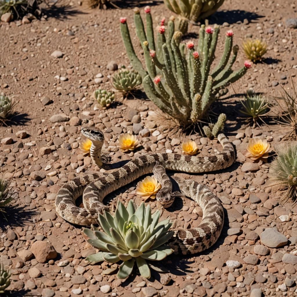 Sidewinder Rattlesnake in Desert with Blooming Cactus