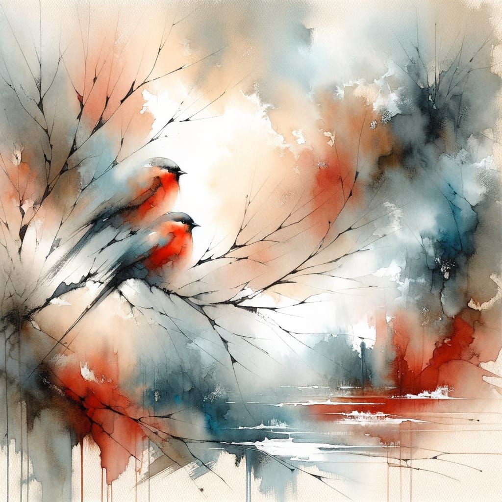 Red Birds on Branch: Impressionist Watercolor Painting