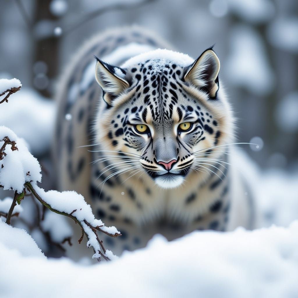 Snow Leopard Hiding in Snowy Camouflage