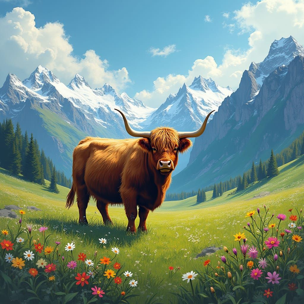 Highland Cow in Meadow, Pollock and Kusama Style