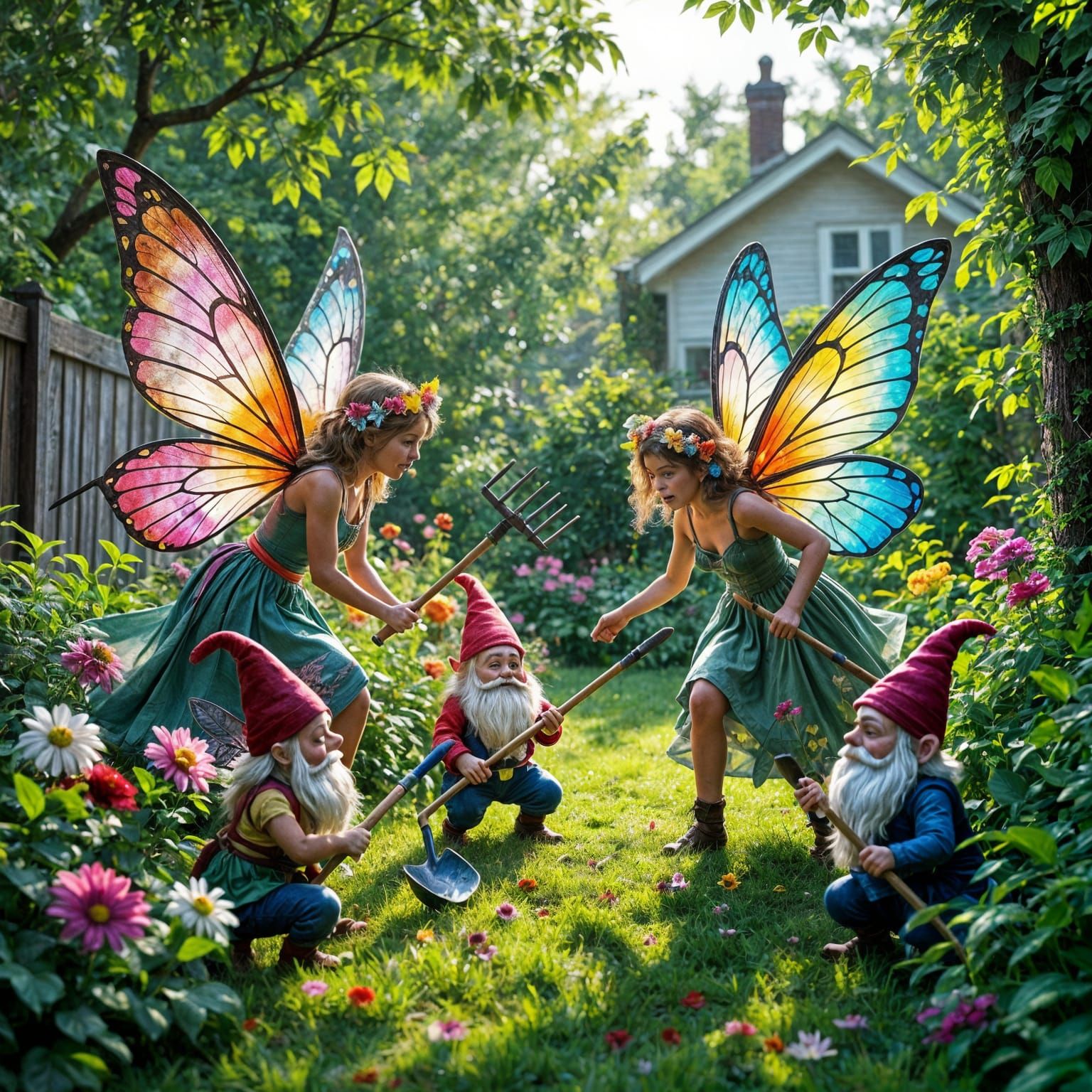 Angry Gnomes Battle Fairies in Vibrant Garden