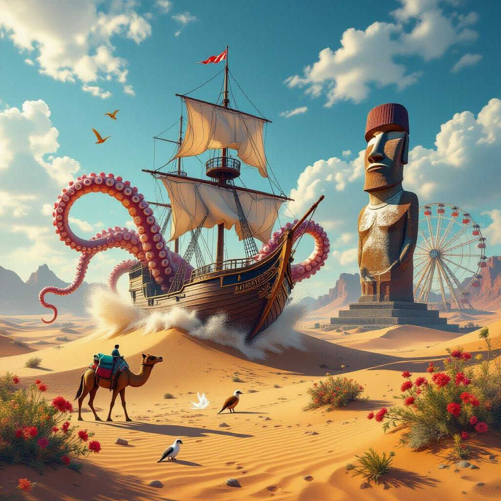 Colossal Kraken Attacks Ship in Desert Oasis