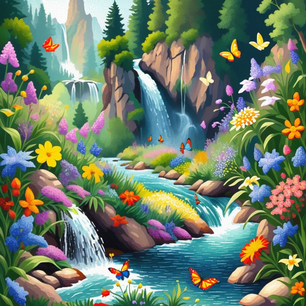 Pointillist Landscape with Birds and Waterfall