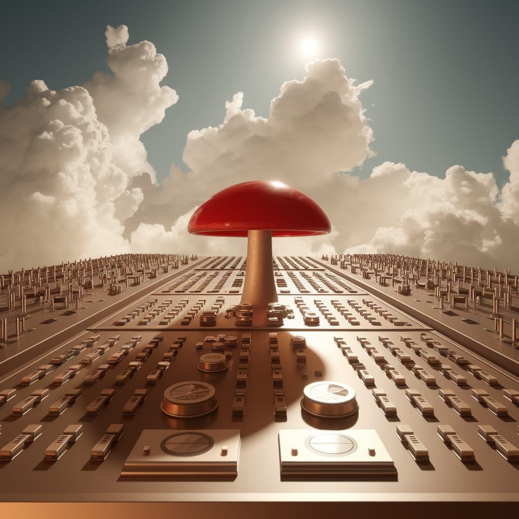Surreal Control Panel Unveils Red Mushroom Button in a Vast,...