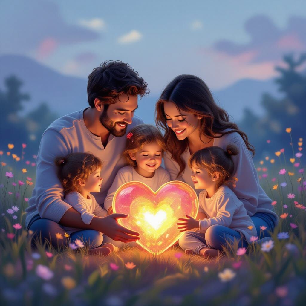 Loving Family Connects Around Glowing Heart