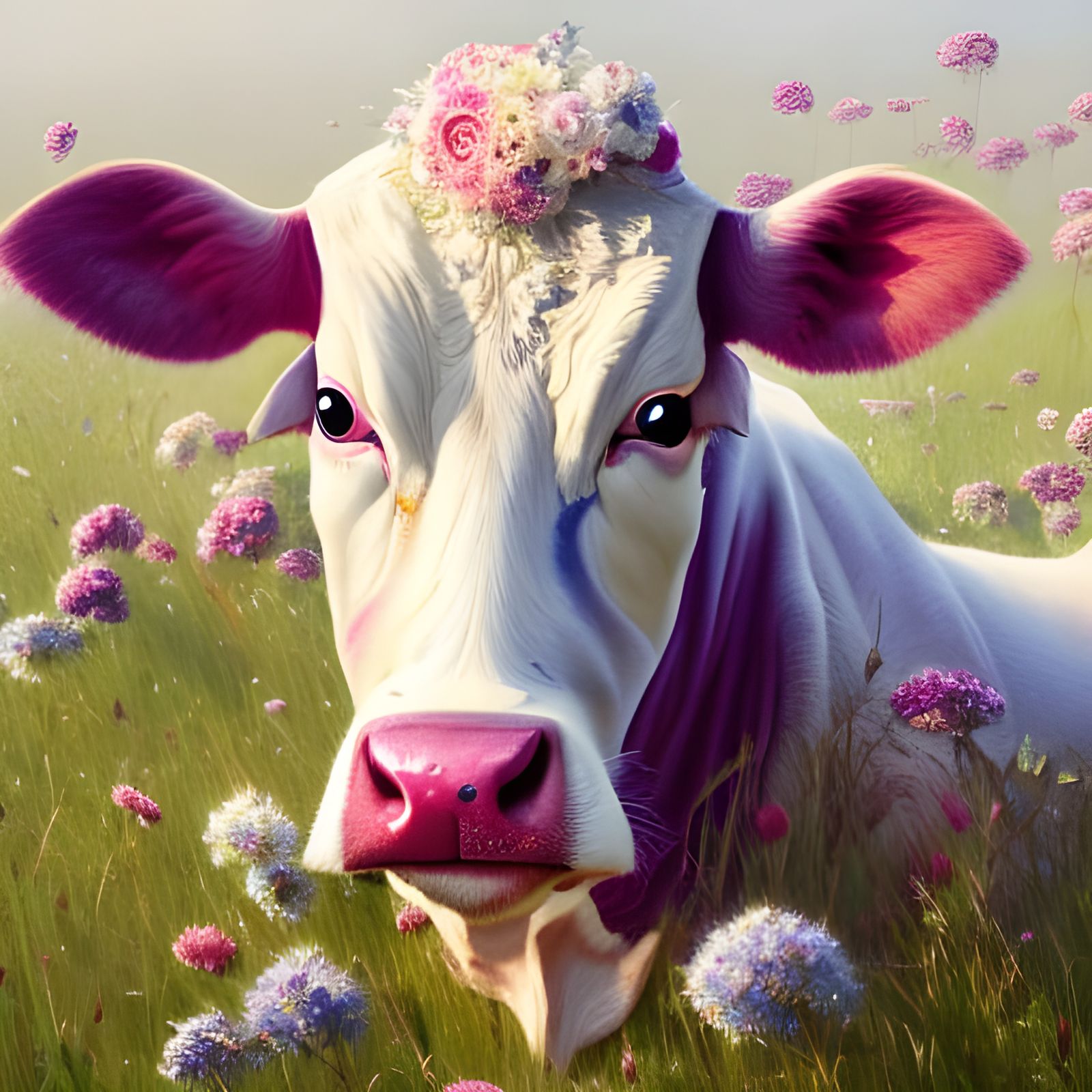 Hyperrealistic Cow Portrait in a Flower Field