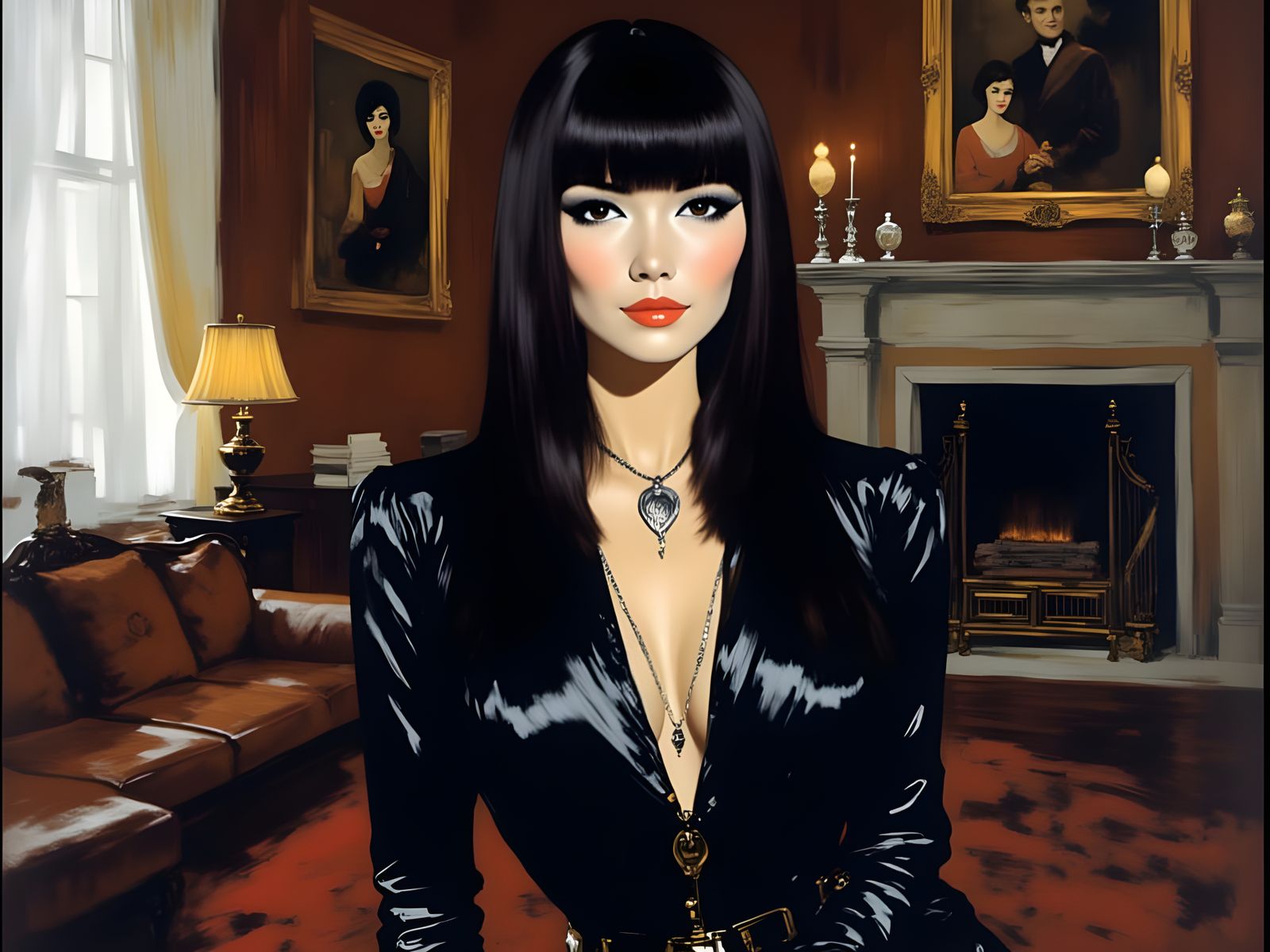 Steampunk Asian Woman in Victorian Living Room