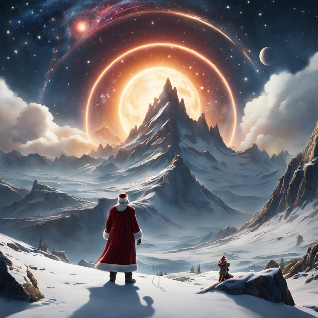 Santa Descends Amidst Celestial Wonder in the Night Sky